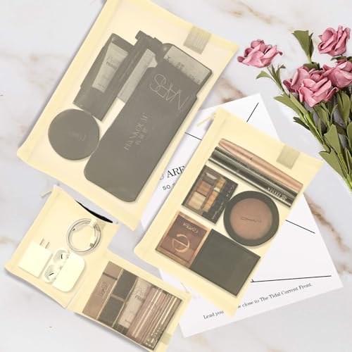 EASYFUN Mesh Pouch, Make up Bag with Zipper Cosmetic Organizer Pouch for Daily or Travel to Keep Small Items, 4 PCS Champagne - color: Champagne