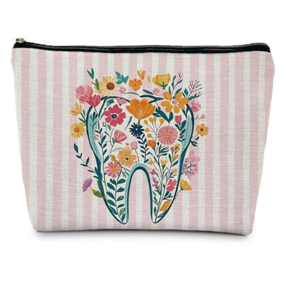 Dental Floral Makeup Bag, Dental Hygienist Assistant Gifts Makeup Cosmetic Bag Travel Toiletry Bag for Women, Best Dentist Gift Zipper Makeup Pouch - color: Dentist Flower