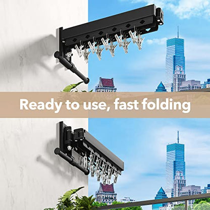 HEILAIYI Wall Mounted Clothes Hanger,Clothes Drying Rack,Laundry Drying Rack,Clothes Rack,Laundry Rack Wall Mount,Retractable Collapsible Drying Rack Clothing (Windproof Holes,with Clips),Black - size: Upgrade-Black / Holes with Clips