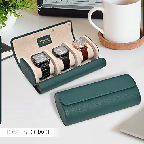 ROSELLE Genuine Leather Watch Roll Travel Case - Watch Roll Case For 3 Watches With Luxury Lining - Protect, Travel,Store, & Display Fine Watches (3 slot Green) - color: Green/ White-3