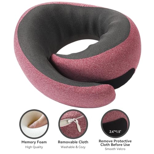Travel Pillow, 100% Pure Memory Foam Neck Pillow for Airplanes, Comfortable Breathable Cover, Travel Essentials for Plane, Car, Train and Home, Red