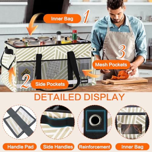 Extra Large Utility Tote Bag with Reflective Strip, Standing Reusable Grocery Bags with Hard Bottom, Collapsible Utility Tote with Handles for Shopping, Beach, Picnics, Car, Striped Gray - color: Twill Gray