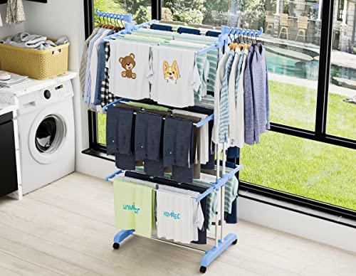 HOMIDEC Clothes Drying Rack, Large 4-Tier Foldable Drying Rack Clothing (67.7H x 19.7W x 30L Inches), Movable with 4 Castors. Multifunctional Stainless Steel Laundry Drying Rack, Blue - color: Blue
