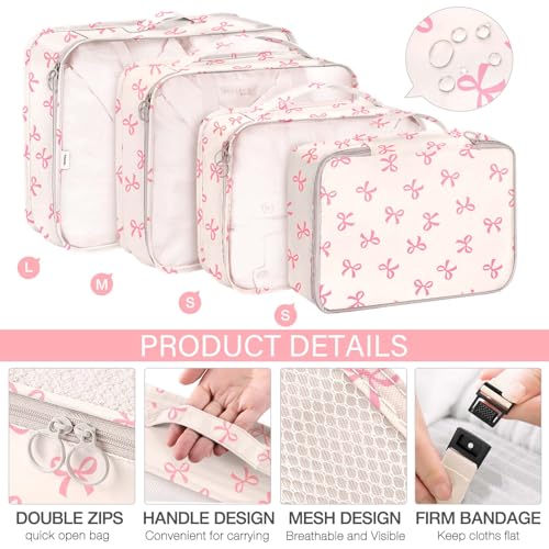 KPX 8 Set Packing Cubes for Travel, Luggage Packing Organizers Accessories Large Toiletries Bag for Clothes Shoes Cosmetics (8Set-Pink Bow) - color: 8Set-Pink Bow