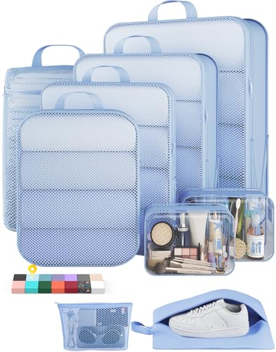 Veken 9/11 Set Compression Packing Cubes for Travel Essentials,Compressible Expandable Large Luggage Suitcase Organizer Bags for Clothing,Durable Space Saver Storage Bags(Light Blue) - color: Light Blue, size: 9 set