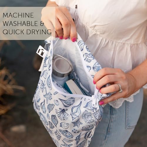 Bumkins Roamio Wet Bag and 3-Pack Clear-Sided Travel Pouches, Waterproof Fabric Organizer for Toiletries, Gym Clothes, Swim Gear, Shoes, Accessories, TSA Compliant Packing Set, Blue Shells 4-pc Set - color: Blue Shells