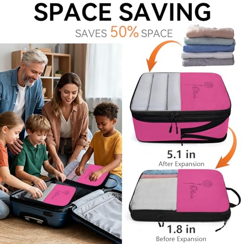 Custom 6 Set Compression Packing Cubes for Travel, Personalized Lightweight Luggage Organizer Bags with Name & Birth Flower, Expandable Large Expandable Packing Organizer, Hot Pink - color: Hot Pink