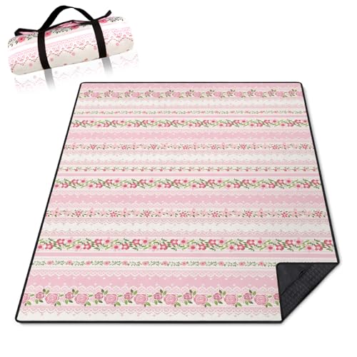 Pink Flower Picnic Blankets Waterproof Foldable, 60’‘x80'' Portable Outdoor Picnic Mat Water Resistant for Grass, Padded Lawn & Park Blanket for Camping, Hiking - color: Pink Flower