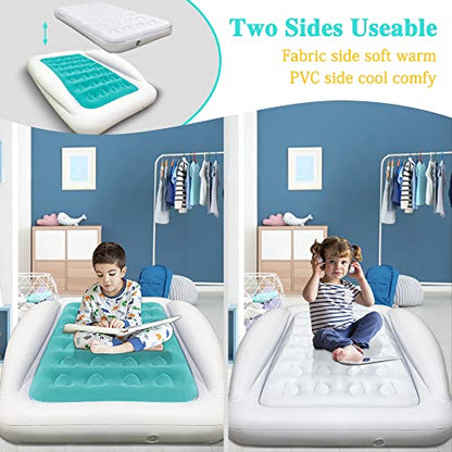 Inflatable Kids Travel Bed Toddler Air Mattress Set,Portable Blow Up Mattress Sleeping Bed Cot with Bed Rails and Electric Pump Ideal for Road Trip - color: Green