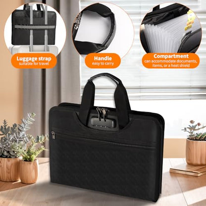 Fireproof Accordion File Organizer, Expanding File Folder with Lock & 13-Pocket, Black Important Document Organizer for Letter A4 Files, Travel Friendly with Luggage Strap