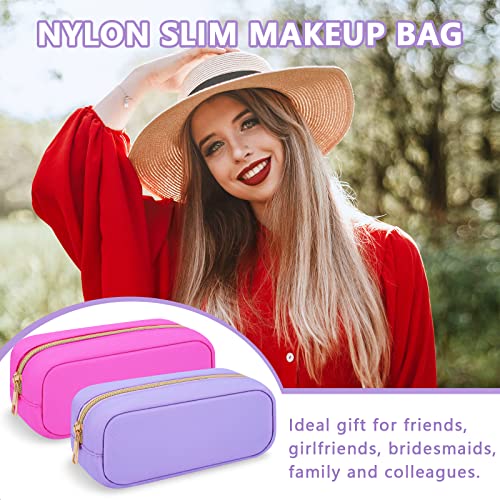 Preppy Nylon Makeup Bag, Slim Compact Pouch - Waterproof Zipper for Travel, Teens & Women (Purple) - color: Purple, size: Slim