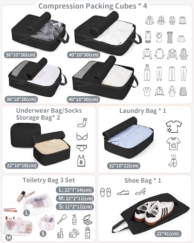 11-Piece Expandable Compression Packing Cubes, Travel Luggage Organizers Set for Suitcase, Lightweight Fabric Packing Bags for Travel Essentials Black - color: Black