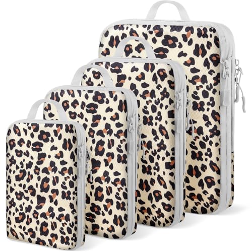 4 Set Compression Packing Cubes For Travel Bags Organizer For Luggage Suitcase Organizer, Compression Bags For Travel Accessories Luggage Storage Set (4 Pcs, Brown Leopard) - color: Brown Leopard, size: Set of 4