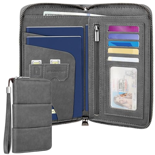 Family Passport Holder Wallet with Zipper, RFID Blocking Travel Document Organizer, PU Leather Passport Wallet for Women Men, Passport Cover Travel Wallet for Boarding Pass, ID, Money, Ticket - color: Grey