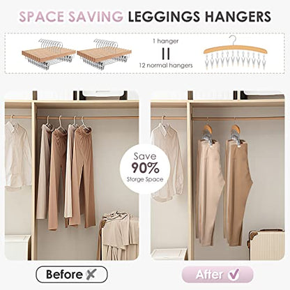 MEILIDY Leggings Hangers, Wooden Closet Hanging Leggings Storage Organizer Scarf Hangers with 24 Clips, 360° Swivel Hook, Burlywood, 2 Pcs - color: Burlywood