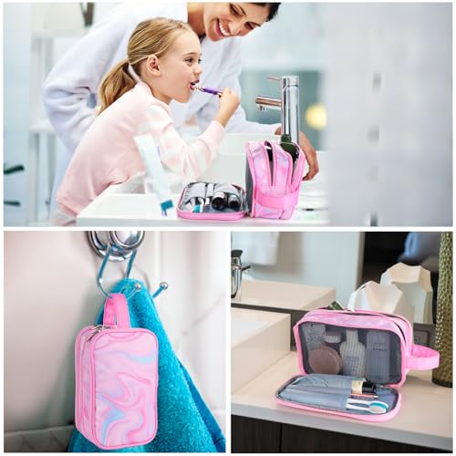 Pink Toiletry Bag for Girls, Travel Toiletry Bag for Teen Girls Cosmetic Bag Makeup Bag Waterproof Hanging Wash Bag Kids Toiletries - color: Fluids-Pink