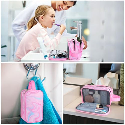Pink Toiletry Bag for Girls, Travel Toiletry Bag for Teen Girls Cosmetic Bag Makeup Bag Waterproof Hanging Wash Bag Kids Toiletries - color: Fluids-Pink