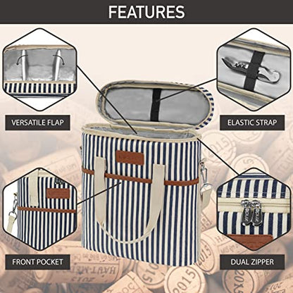 Opux 3-Bottle Wine Carrier Tote, Insulated Leakproof Cooler Bag, Portable Wine Bottle Tote for Picnic, BYOB, Beach - Stripe - color: Navy Stripes