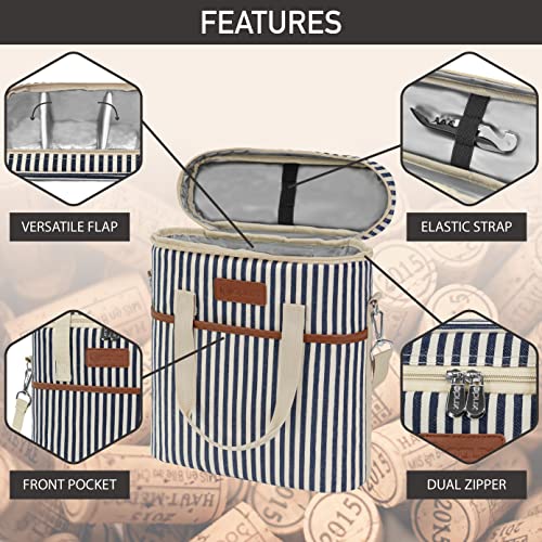 Opux 3-Bottle Wine Carrier Tote, Insulated Leakproof Cooler Bag, Portable Wine Bottle Tote for Picnic, BYOB, Beach - Stripe - color: Navy Stripes