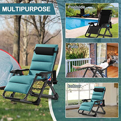 NAIZEA Padded Zero Gravity Chair, Folding Outdoor Lounge Chairs, Adjustable Reclining Camping Chairs with Cup Holder, Ergonomic Patio Lawn Chair for Balcony Beach Deck Yard - color: Green, style: Zero Gravity Chair 2 Pack