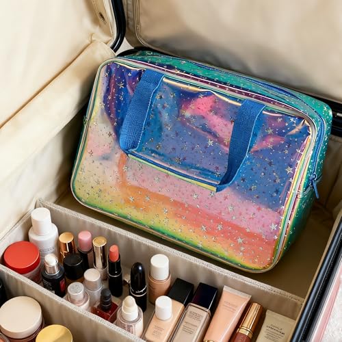 Holographic Blue Clear Star Large Cosmetic Bag and TPU Travel Pouch with Handle,Durable Material,Zipper Design-Ideal for Makeup,Travel Essentials (Holographic Blue+Star) - color: Holographic blue+Star