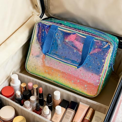 Holographic Blue Clear Star Large Cosmetic Bag and TPU Travel Pouch with Handle,Durable Material,Zipper Design-Ideal for Makeup,Travel Essentials (Holographic Blue+Star) - color: Holographic blue+Star
