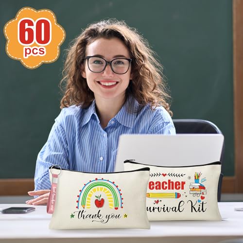 60pcs Teacher Appreciation Gifts Set，Teacher Survival Kit Canvas Makeup Bags for Women, Silicone Keychain Pouch Cosmetic Bag Travel Toiletry Bag for Thank You Gift - style: Teacher 60pcs