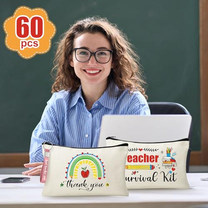 60pcs Teacher Appreciation Gifts Set，Teacher Survival Kit Canvas Makeup Bags for Women, Silicone Keychain Pouch Cosmetic Bag Travel Toiletry Bag for Thank You Gift - style: Teacher 60pcs