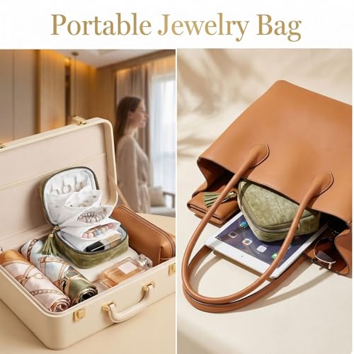 Small Travel Jewelry Case Organizer, Green Soft Velvet Jewelry Pouches With 6 Compartments, Zipper Pouch for Necklace Bracelet Earring Ring Storage Holder, Small Jewelry Bags for Travel Daily Use