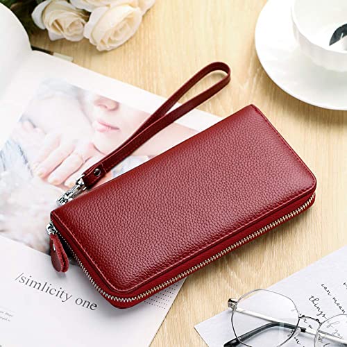 Moflycom Womens Wallet RFID Blocking Genuine Leather Zip Around Wallet Clutch Wristlet Travel Long Purse for Women - color: Deep Red