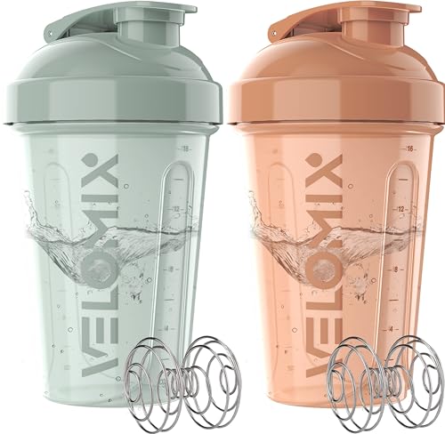 VELOMIX -2 Pack- 20 oz Protein Shaker Bottles for Protein Mixes - 2x Wire Whisk | Leak Proof Shaker Cups for Protein Shakes and Pre Workout | Protein Shaker Bottle Pack (B2) Soft Glow - color: B2) Soft Glow