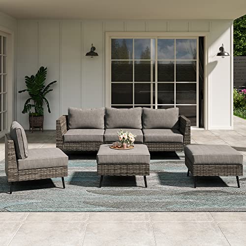 LAUSAINT HOME Outdoor Patio Furniture, 6 Piece Outdoor Sectional Sofa PE Rattan Wicker Patio Conversation Sets,All Weather Patio Furniture Set with Thick Cushions for Garden, Poolside, Backyard (Grey) - color: Grey, size: 6 PCS