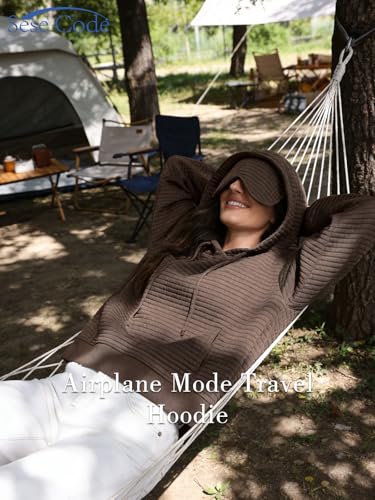 SeSe Code Hoodie With Eye Mask Waffle Hooded Sweatshirts Womens Travel Airplane Sleep Hoodies Mens Oversized Pullover - color: Brown, size: XX-Large
