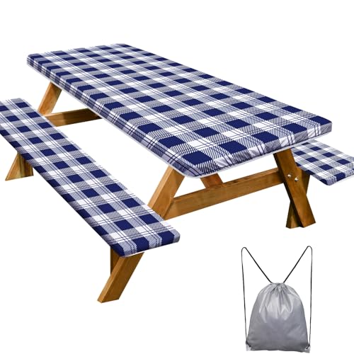 Play Tailor Picnic Table Cover with Bench Covers Camping Essentials Waterproof Windproof Camping Tablecloth with Drawstring Bag, Fitted Rectangle Tables and Seats, 96in, Blue Checkered - color: Blue Checkered, size: 96in