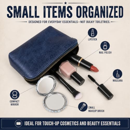 Full Grain Leather Cosmetic Bag – Zippered Makeup Pouch for Women, Small Travel Toiletry & Organizer Pouch for Purse, Premium Handmade Leather (5 × 4 × 2.5 in) - color: Blue