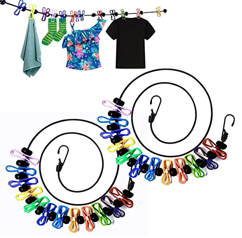2 Pack Portable Clothesline with 12 Clothespins, Windproof Travel Clothesline Stretchy Retractable Elastic Laundry Clothes Line for Backyard, Vacation Hotel, Balcony Clothes Drying Line - size: 2P - Multicolor