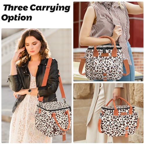 Joymee Insulated Lunch Bag for Women Reusable Leakproof - Leopard Print | Large Spacious, Cooler Lunch Bag, Adjustable Shoulder Strap, With Side Pocket, Bottle Holder, for Office Work Picnic Travel - color: Brown Leopard Print