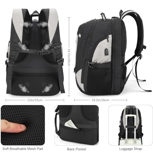 Tzowla Travel Laptop Backpack for Men&Women,17.3" Computer Water Resistant Anti Theft TSA Friendly Backpacks with Lock and USB Charging Port,College Business Work Hiking Bookbag Daypack,Light Grey