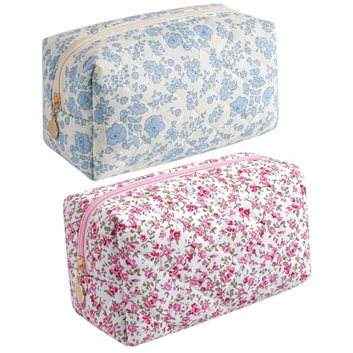 Makeup Bag Travel Cosmetic Bag for Women Girls, Zipper Make Up Pouch, Floral Flowers Toiletry Organizer Makeup, Portable Storage Cosmetic Travel Cloth Bag (Blue Floral+Flower-Red) - color: Two Pack: (Blue Floral+Flower-Red)