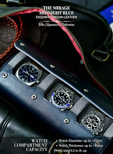 Watch Case Travel Organizer - Watch Roll Case - 3 Watch Case Display Storage - Watches Accessory Gift - Midnight Blue Vegan Leather - color: Midnight Blue 3-watch case