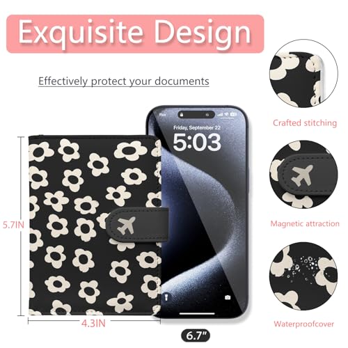 Passport Holder, Travel Wallet Cover with Pen Loop | Cute RFID Blocking Leather Case with Magnetic Closure for Travel Essentials-Flower - color: D-Graphic