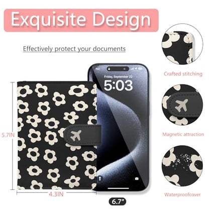 Passport Holder, Travel Wallet Cover with Pen Loop | Cute RFID Blocking Leather Case with Magnetic Closure for Travel Essentials-Flower - color: D-Graphic
