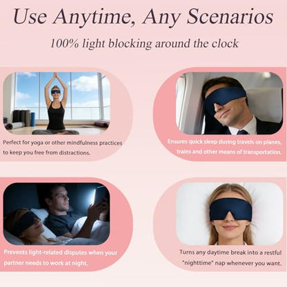 22 Momme 6A Pure Mulberry Silk Sleep Mask for Side Sleeper, Navy Blue Padded Full Coverage Blackout Eye Mask with Adjustable Velcro Strap for Men Women Travel Night Nap - color: Navy Blue