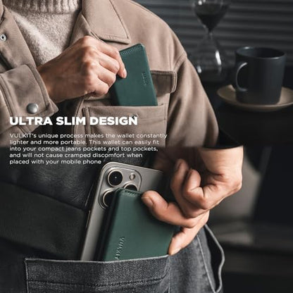 VULKIT Slim Minimalist Card Holder RFID Blocking Leather Credit Card Holder Front Pocket Wallet Magnetic Closure - color: Olive