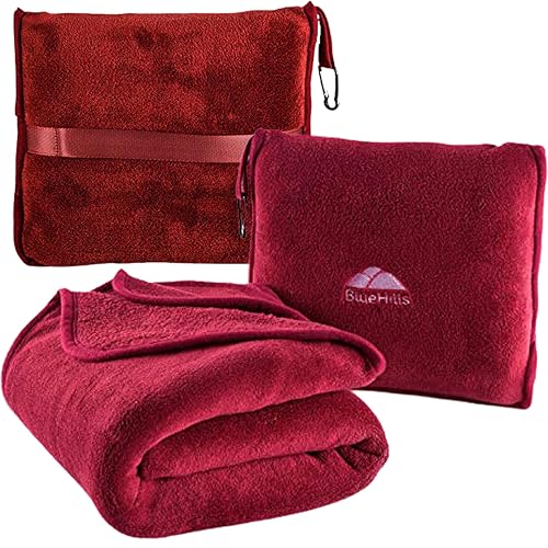 BlueHills Premium Soft Travel Blanket Pillow Airplane Blanket Packed in Soft Bag Pillowcase with Hand Luggage Belt and Backpack Clip Compact Large Long Flights Traveler Essentials Lightweight Red T001 - color: Red-1pk-t001