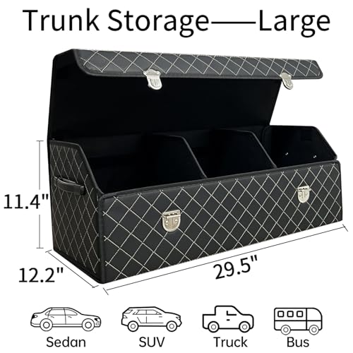 Car Trunk Organizer with Lid,Foldable Faux Leather Cargo Storage Box,3 Compartments,Collapsible Multi-Functional for SUV,Sedan,Vehicle Trunk - color: Black Grid, size: Large