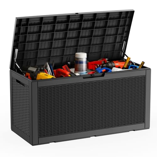 DRATO 100 Gallon Large Deck Box, Outdoor Storage Box for Patio Furniture, Patio Cushions, Gardening Tools, Pool Supplies, 660lbs Weight Capacity, Waterproof Resin Storage Boxes (Black, 100 Gallon) - color: Black, size: 100 Gallon