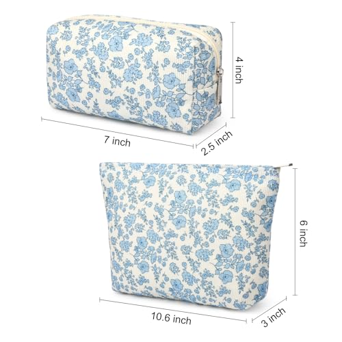 SOIDRAM 2 Pcs Makeup Bag Large Cosmetic Bag Toiletry Bag Makeup Pouch Travel Bag Organizer Cute Makeup Brushes Aesthetic Accessories Storage Bag for Women Blue Floral - color: Blue Floral