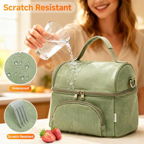 Waxed Canvas Lunch Bag with 2 XL Ice Packs, Canvas Lunch Box, Lunch Cooler for Men Work, 10.5L 2 Compartments Insulated Leakproof Cooler Bags for Camping, Beach and Road Trips - color: London Green