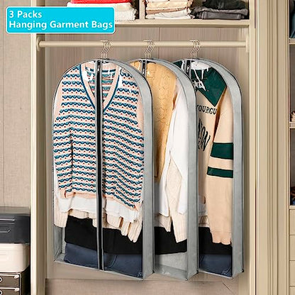 3 Pack 40" Garment Bags for Hanging Clothes Storage, Clear Suits Covers with 4" Gussets for Closet Storage Travel, Plastic Protector for Coat, Jacket, Sweater, Shirts - size: 40" 3Pack